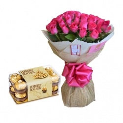  50 Pink Roses Bunch With Ferrero  Rocher Chocolate