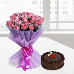 12 Pink Roses Bunch & Chocolate Truffle Cake 