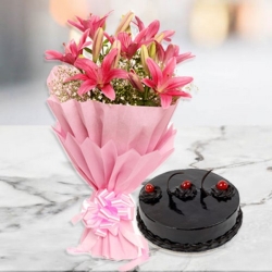 Pink Lilies Bouquet & Chocolate Truffle Cake 