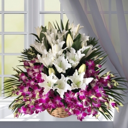 Orchids And White Lilies Basket Arrangement