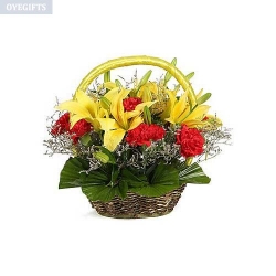 Red Carnations N Yellow Lilies Bouquet